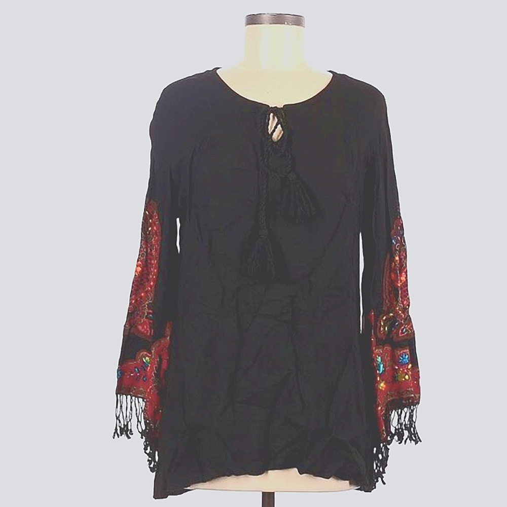 Boho Avani del amour Tunic with colorful Embroidered bell sleeves & fringe NWT